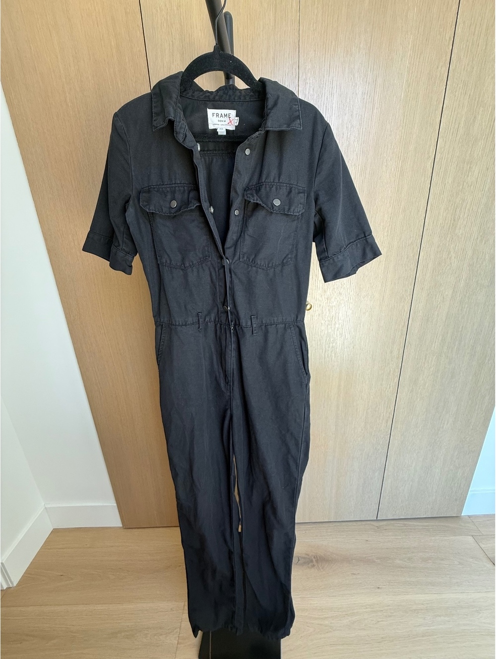 FRAME Denim Cotton Linen Utility Jumpsuit Black Size XS